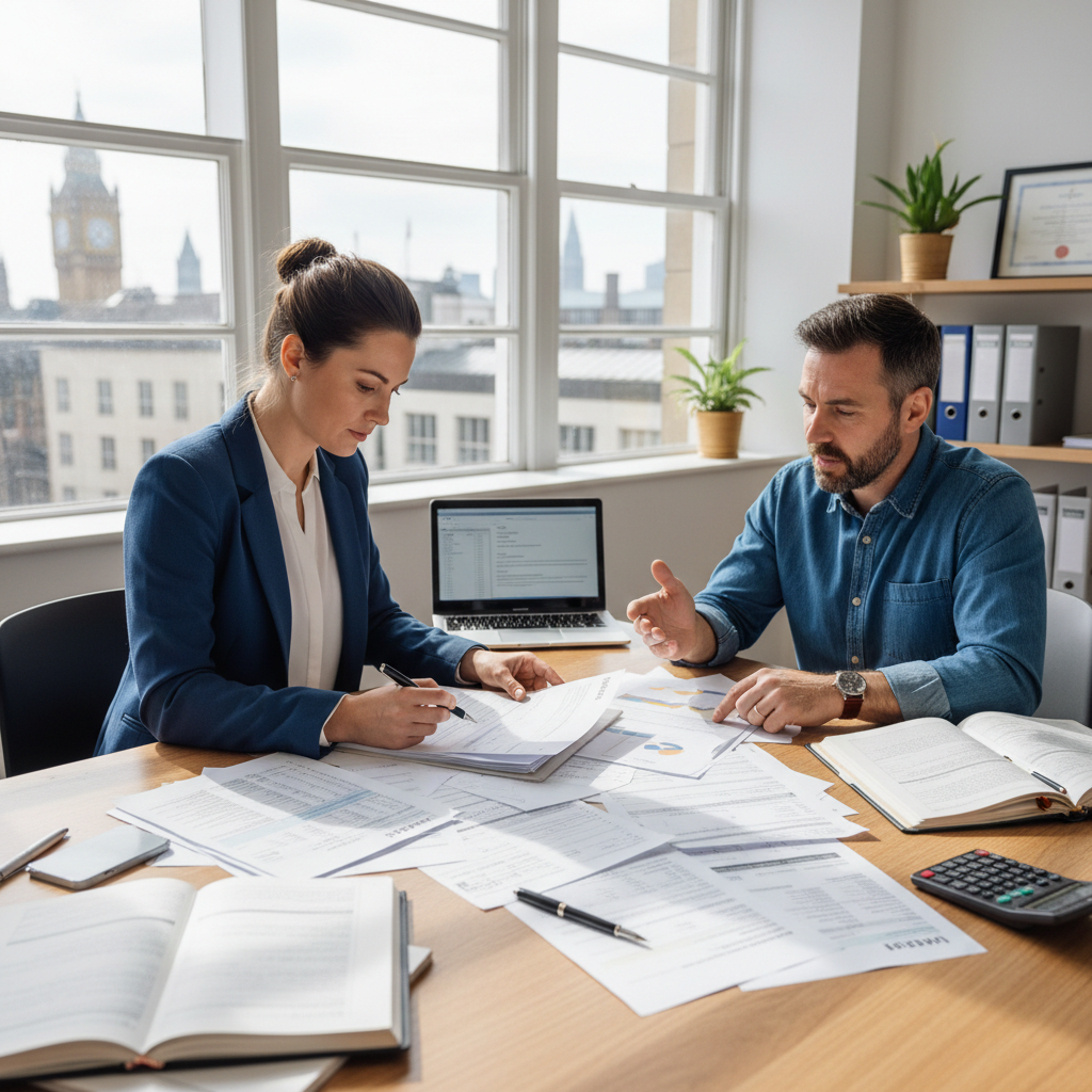 Financial expert reviewing compensation claim documents at a professional office