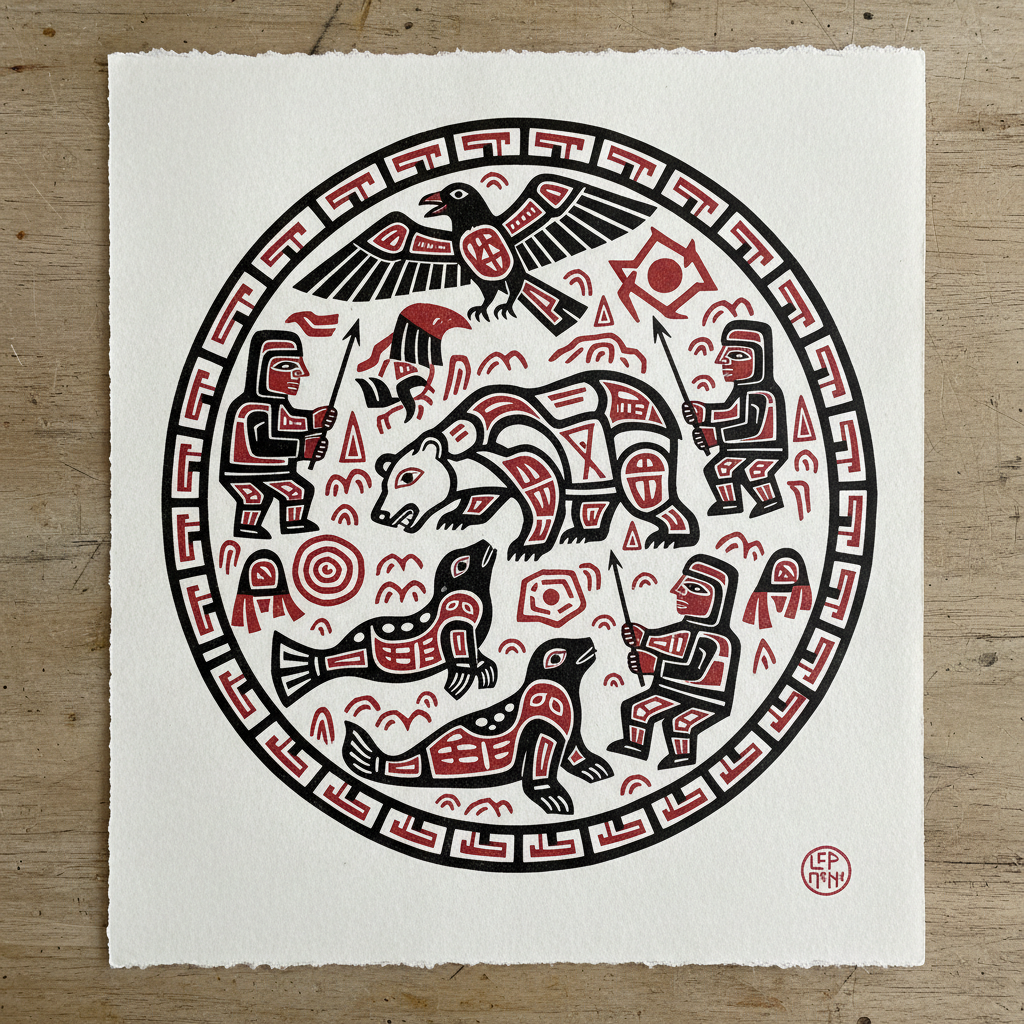 Inuit printmaking in black and red on white paper