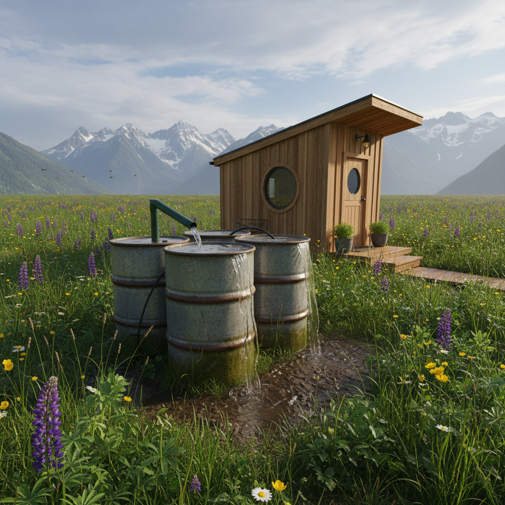 Rainwater collection barrels next to a tiny house in a meadow, mountains in background