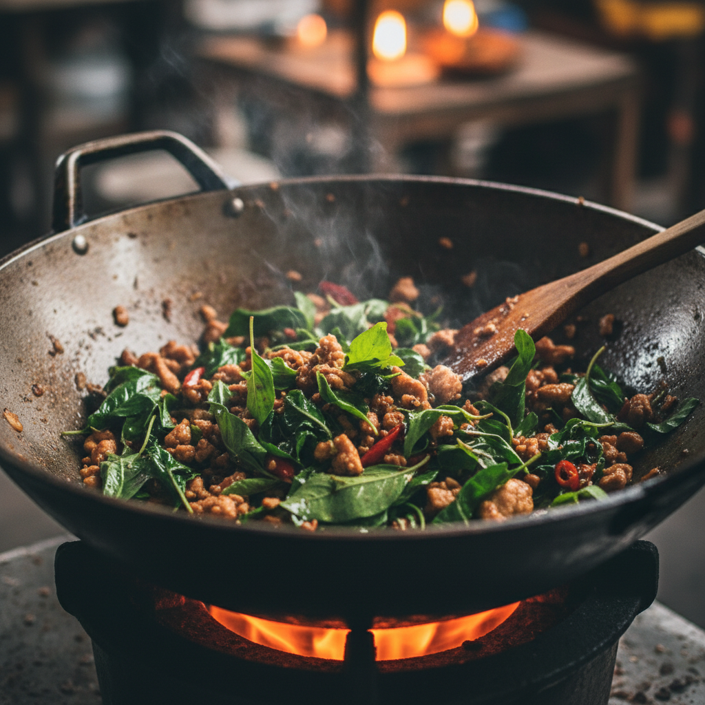Thai basil stir fry in a carbon steel wok over high heat with visible steam and charred holy basil leaves, topped with a crispy fried egg