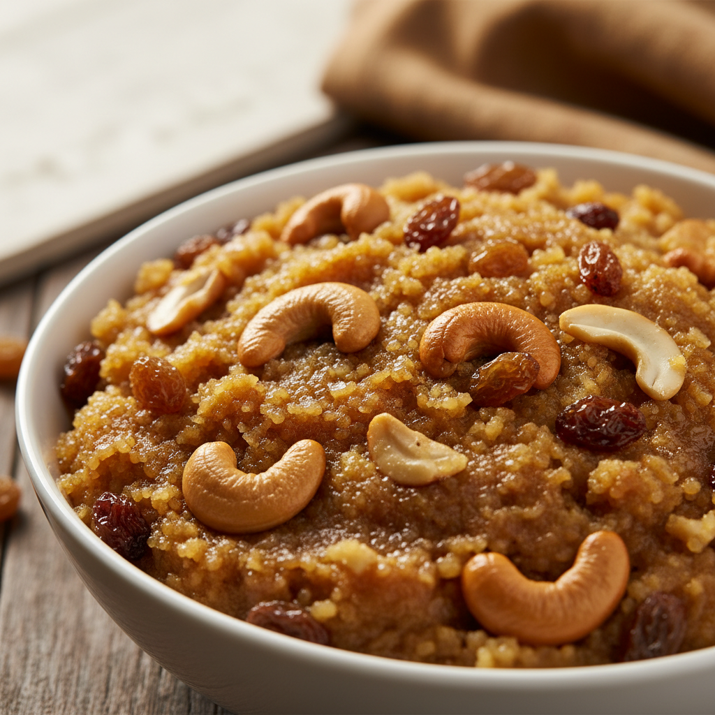 Sheera semolina halwa in bowl with saffron and cashew garnish