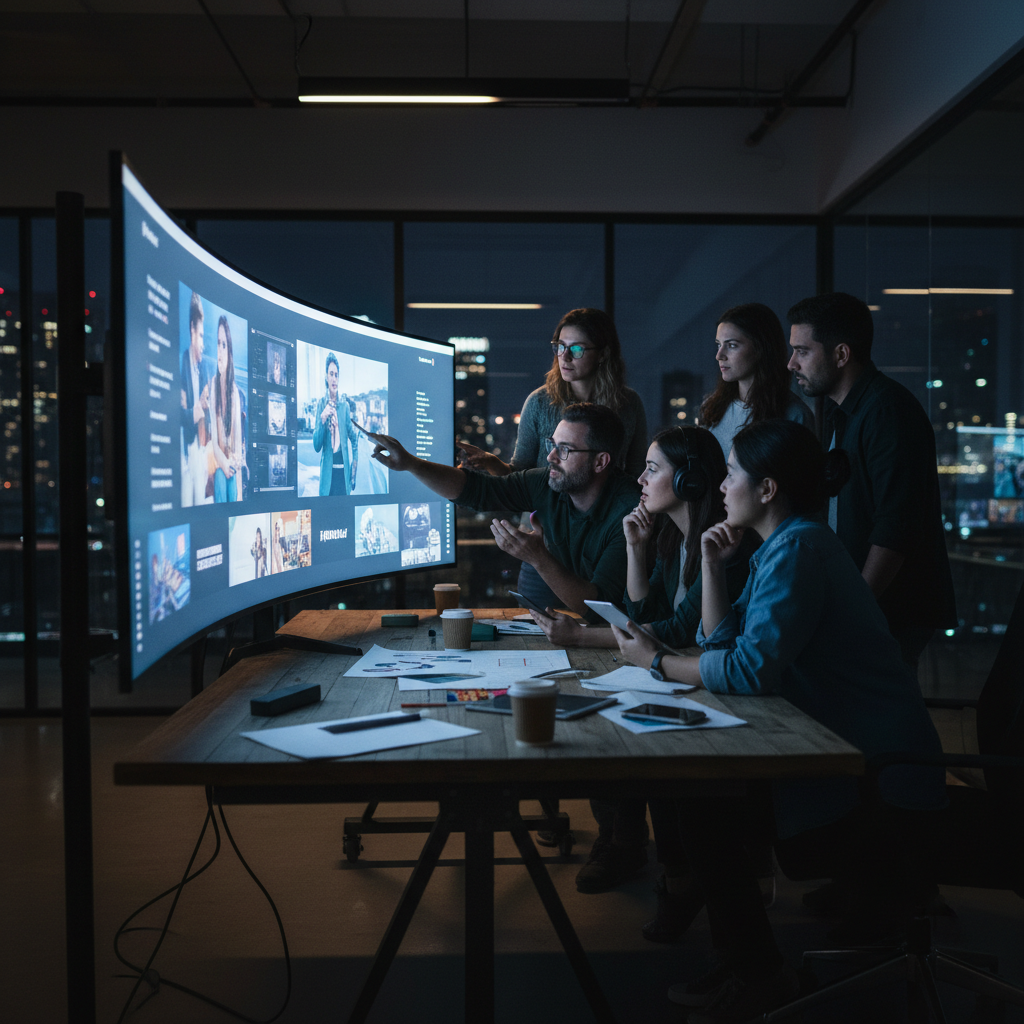 Creative agency team reviewing video edits on large monitor in dark office