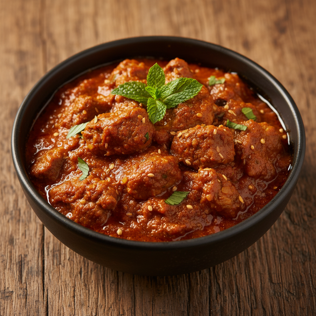 Lamb Rogan Josh — Slow-braised Kashmiri lamb in a deep red sauce of whole spic