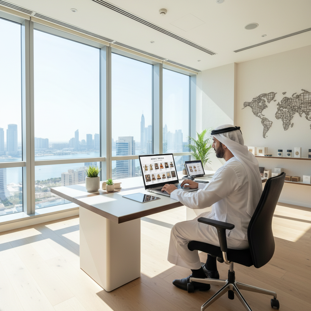 UAE business owner in modern Dubai office reviewing sales dashboard on laptop, bright open-plan workspace with natural light