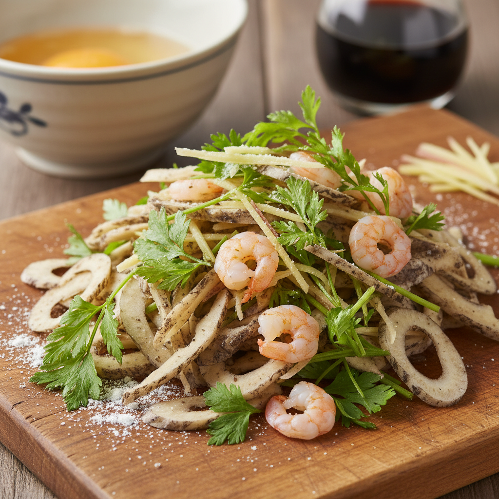 Raw burdock, mitsuba herbs, and sakura shrimp ingredients for kakiage