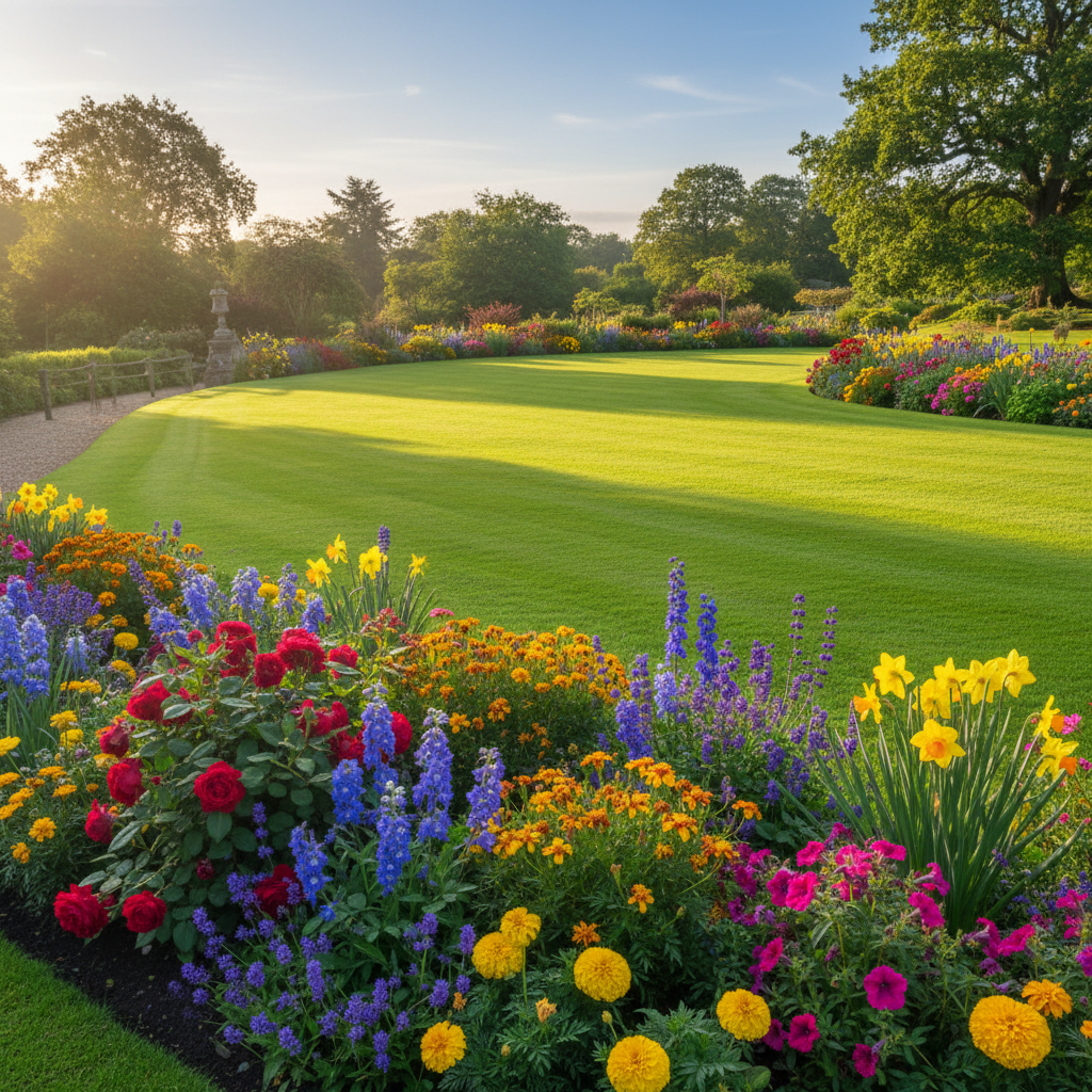 Lush green grass with clean mow lines and colorful flower border along a wooden fence