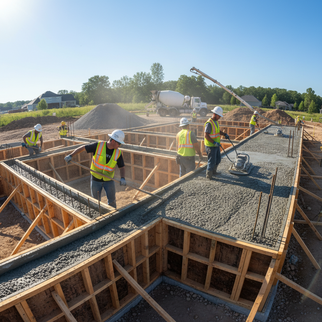 Concrete foundation walls being poured for a new residential home construction