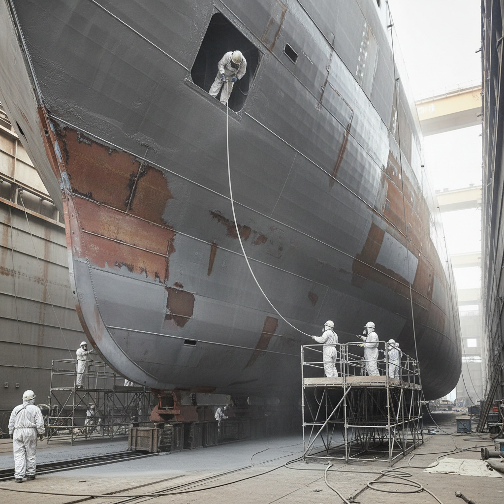 Workers in protective gear applying industrial coating to large steel vessel hull in dry dock