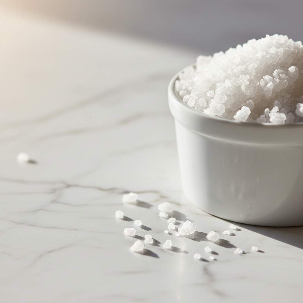 Single ramekin of fleur de sel crystals on marble counter with morning light