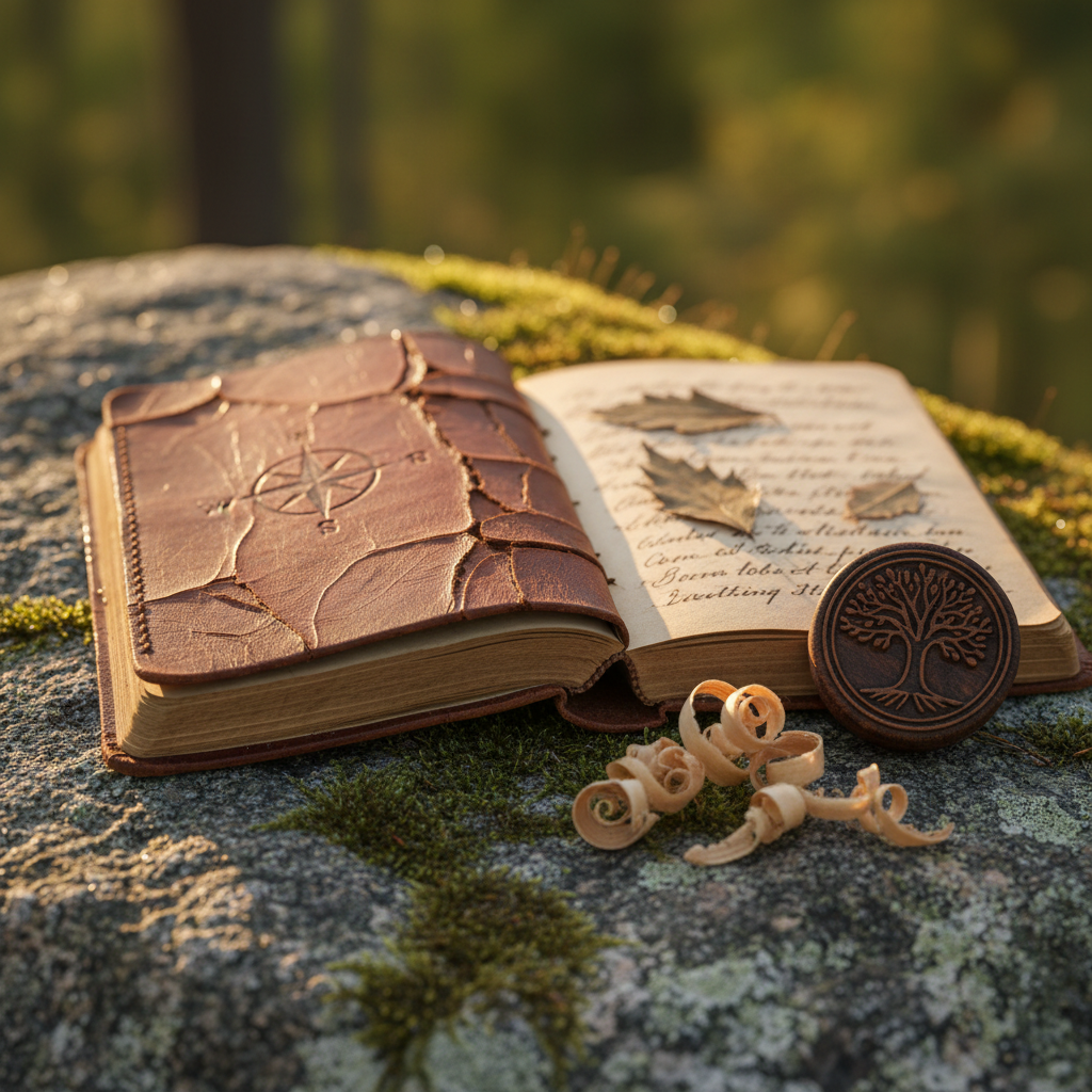 Worn leather journal open on mossy boulder with hand-carved rubber stamp beside scattered wood shavings, golden hour light