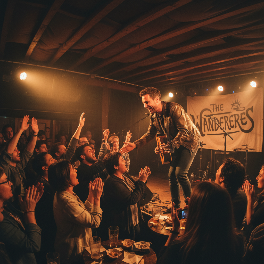 Small intimate concert with warm ambient lighting, small audience seated close to performer, cozy dark venue