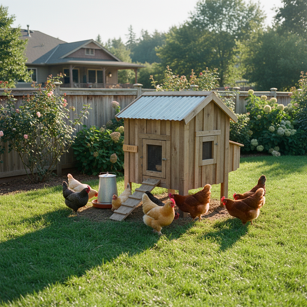 Rustic wooden chicken coop with a small flock of hens in a lush backyard garden, golden hour light casting long shadows across the grass