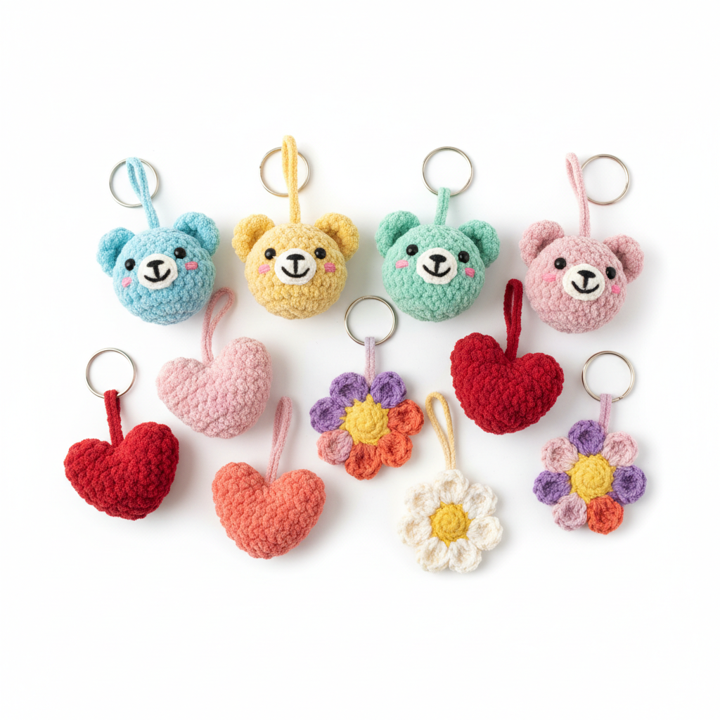 Colorful crochet letter keychains on pastel background