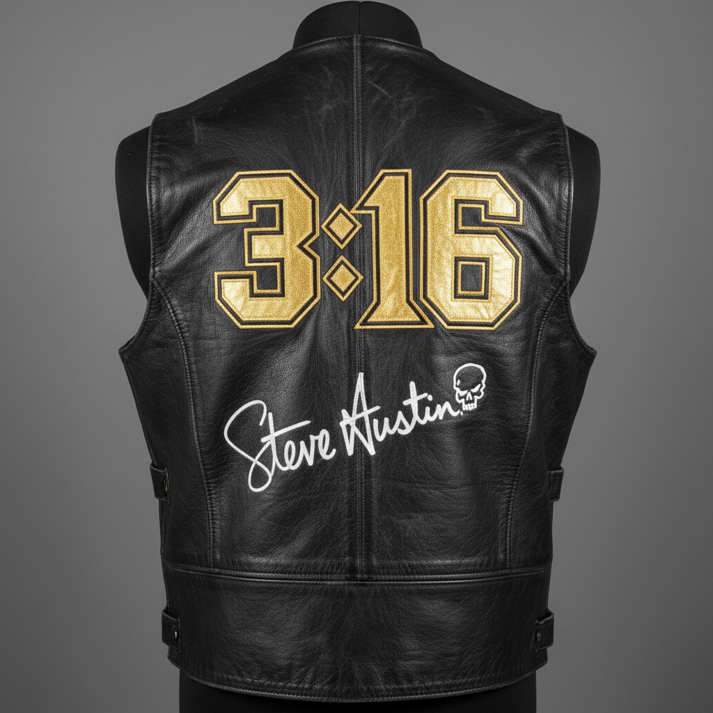 Black leather vest with 3:16 embroidered in gold thread signed by Steve Austin, displayed on mannequin