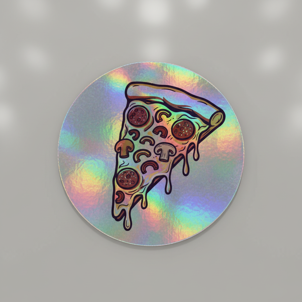 Holographic pizza slice illustration art magnet with rainbow shimmer effect