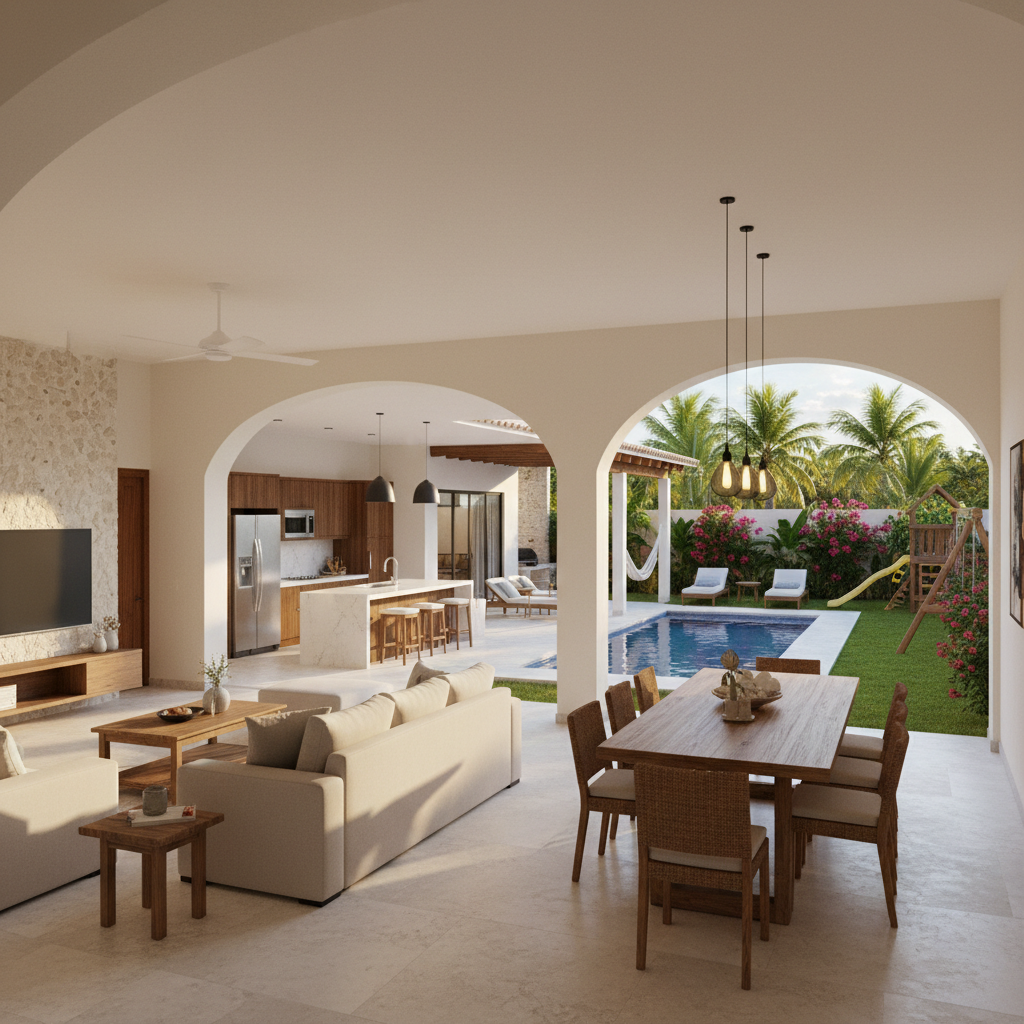 Contemporary open-plan kitchen and dining area with bi-fold doors to garden