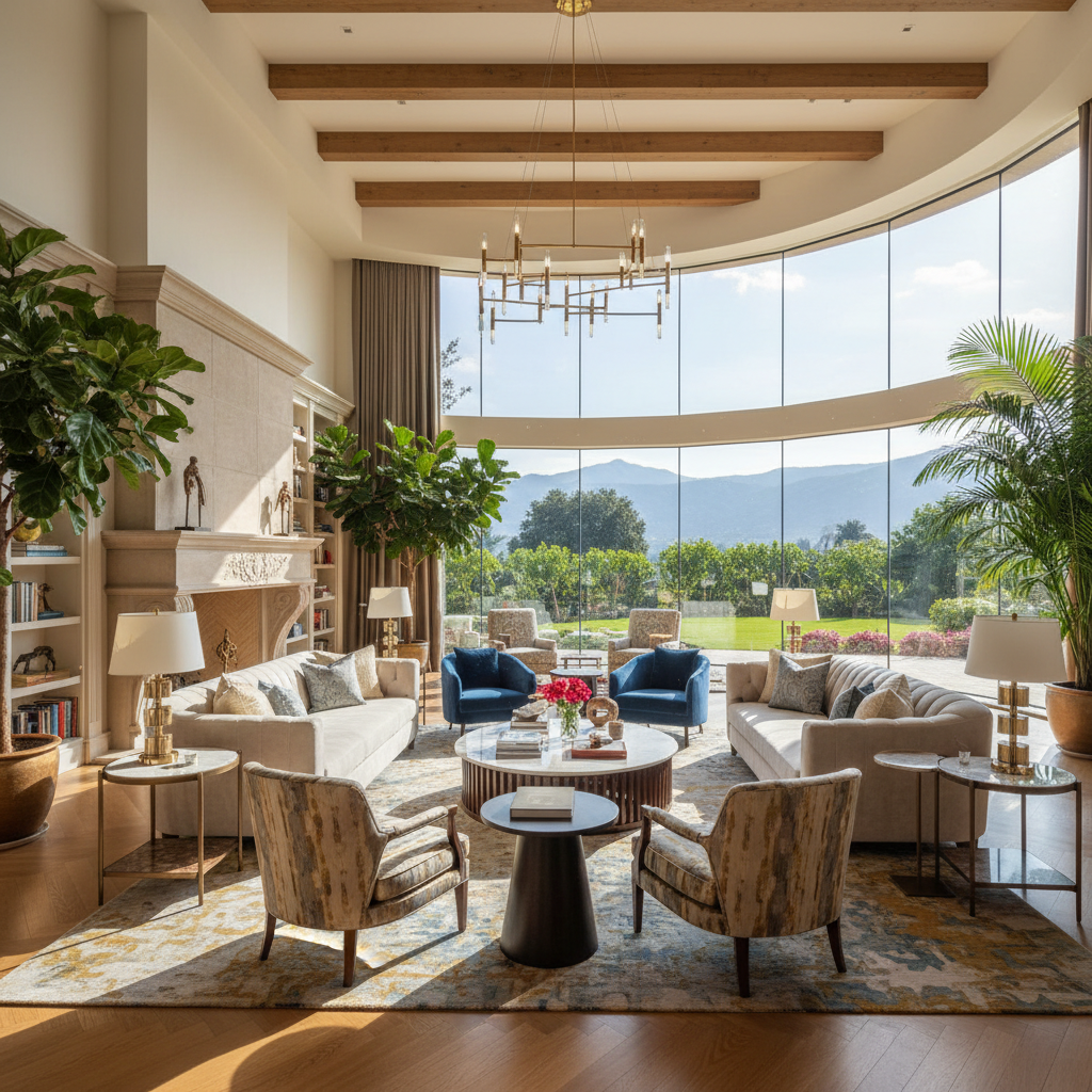 Bright airy luxury living room interior with high ceilings and natural light in Florida home