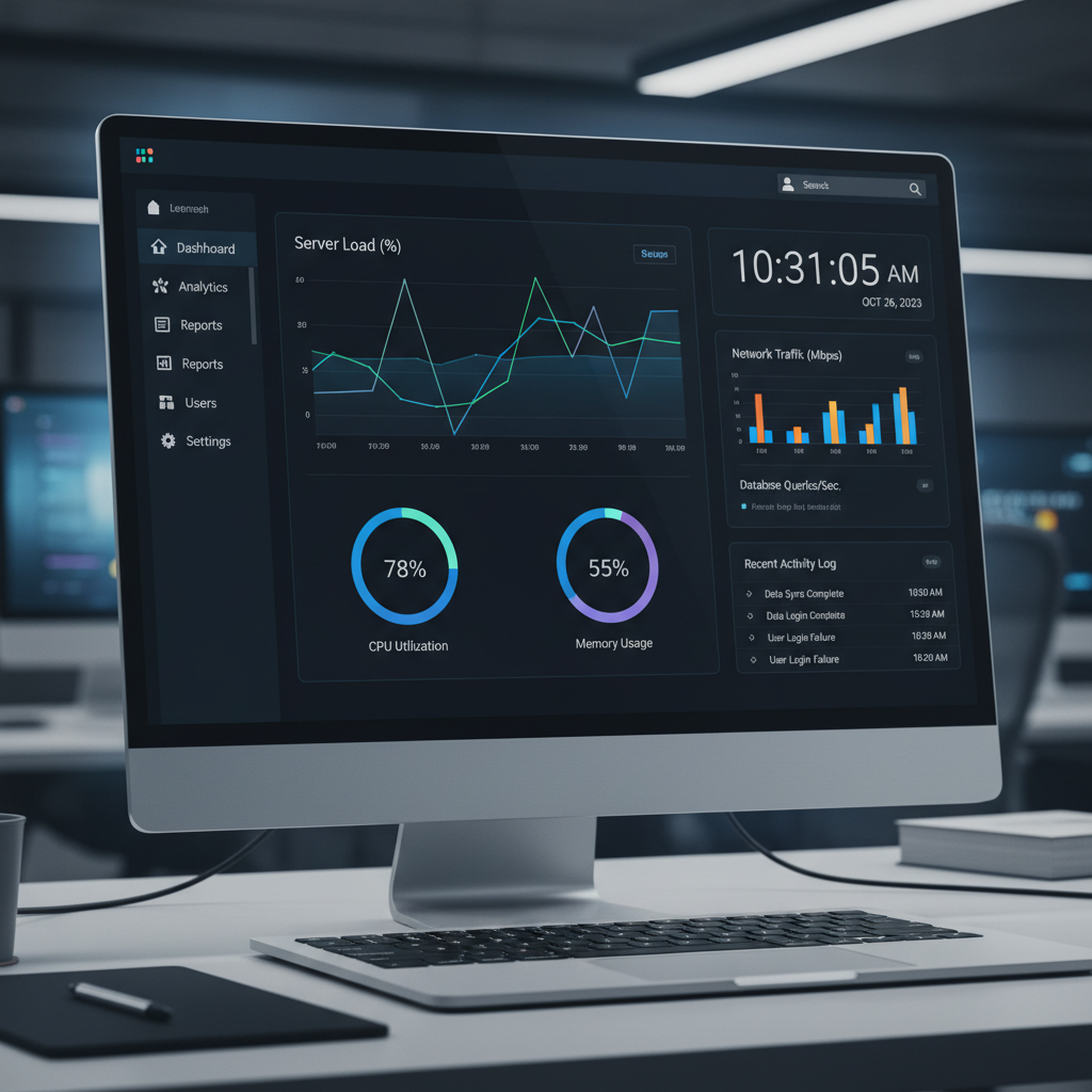 Analytics dashboard with dark charts and graphs, data visualization on multiple monitors, software metrics display