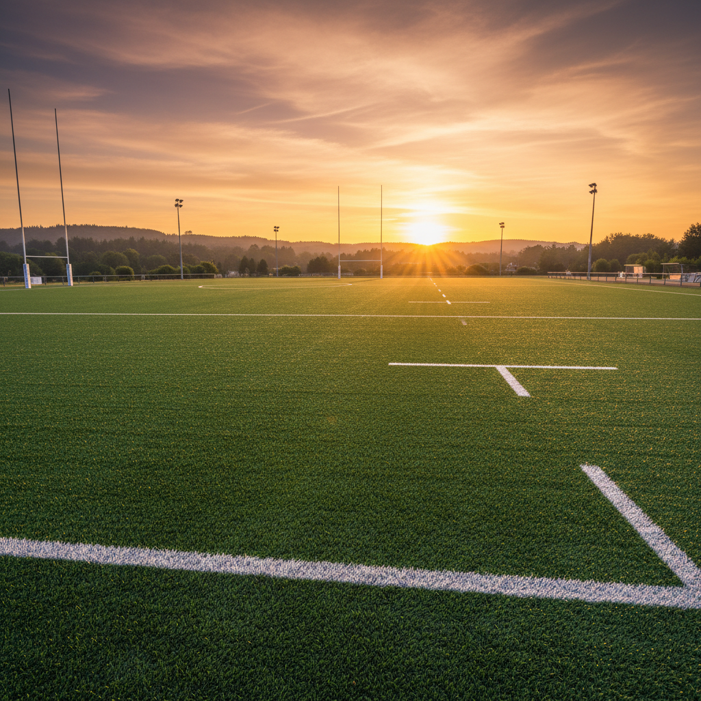 Rugby pitch with synthetic-natural hybrid surface showing white line markings and goalposts at sunset