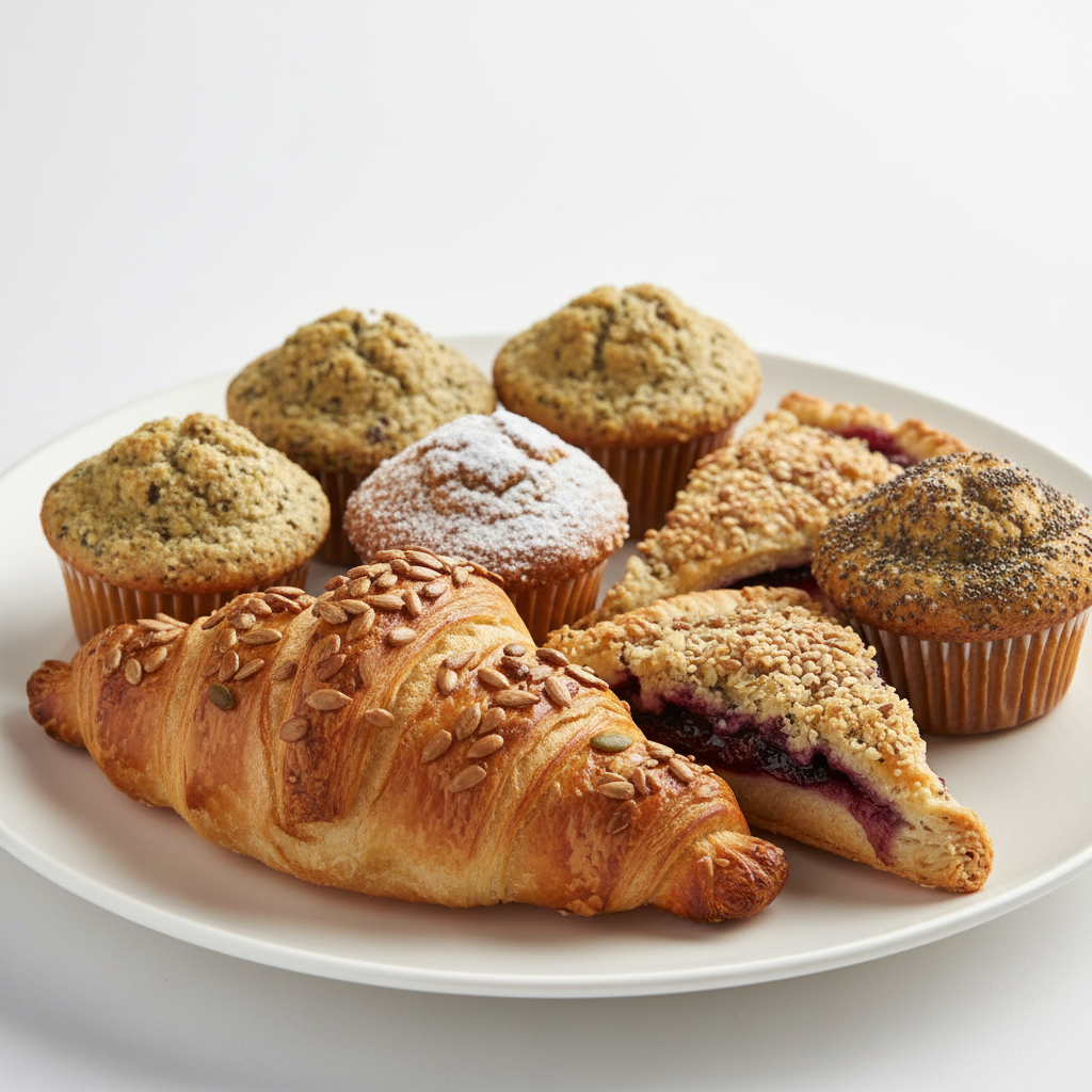 Assorted French pastries including croissants and fruit tarts arranged on a white ceramic platter