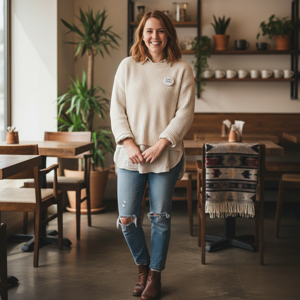 Maya Chen, founder of Brew café, smiling warmly