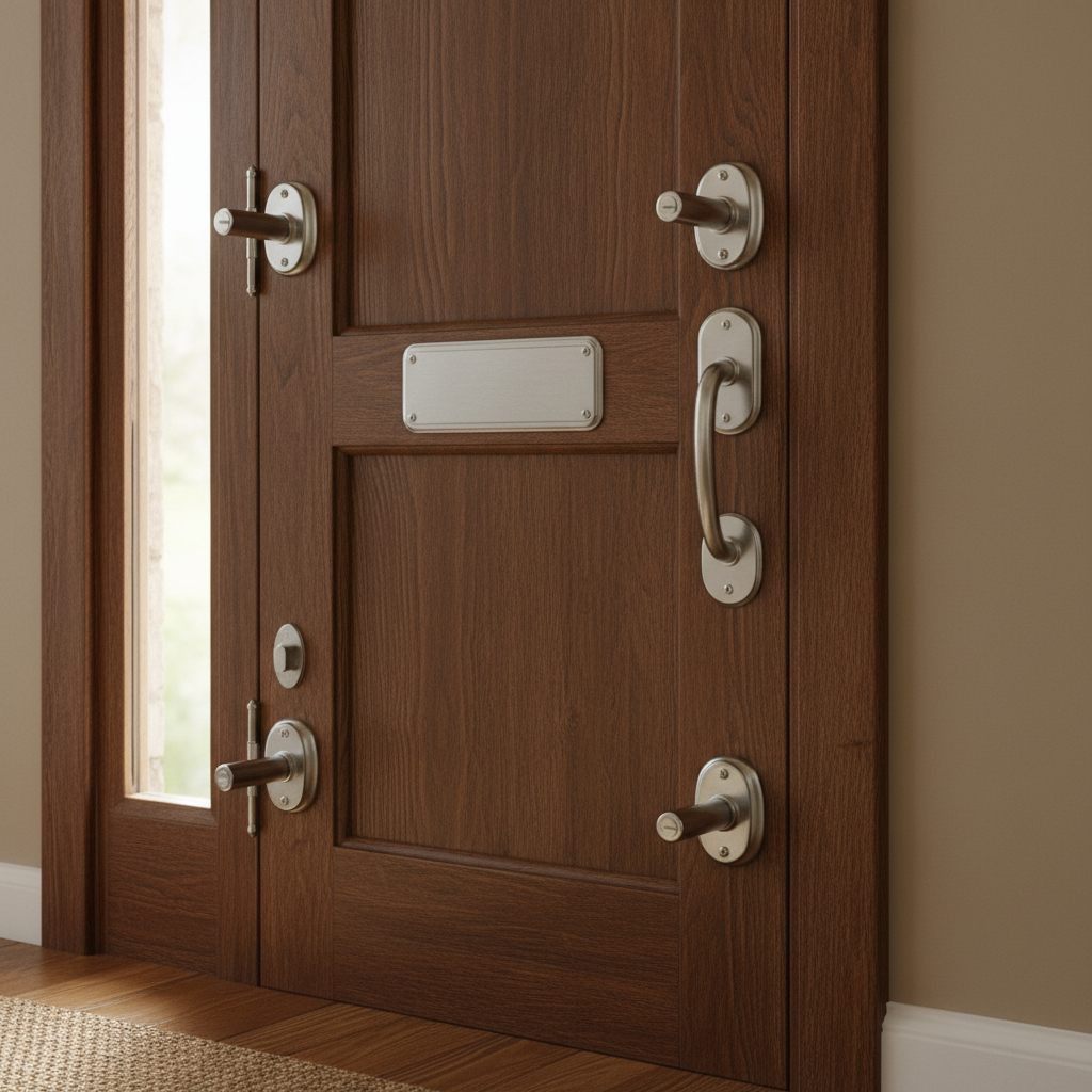 Brass door hardware and mortise lock on a heavy oak period door