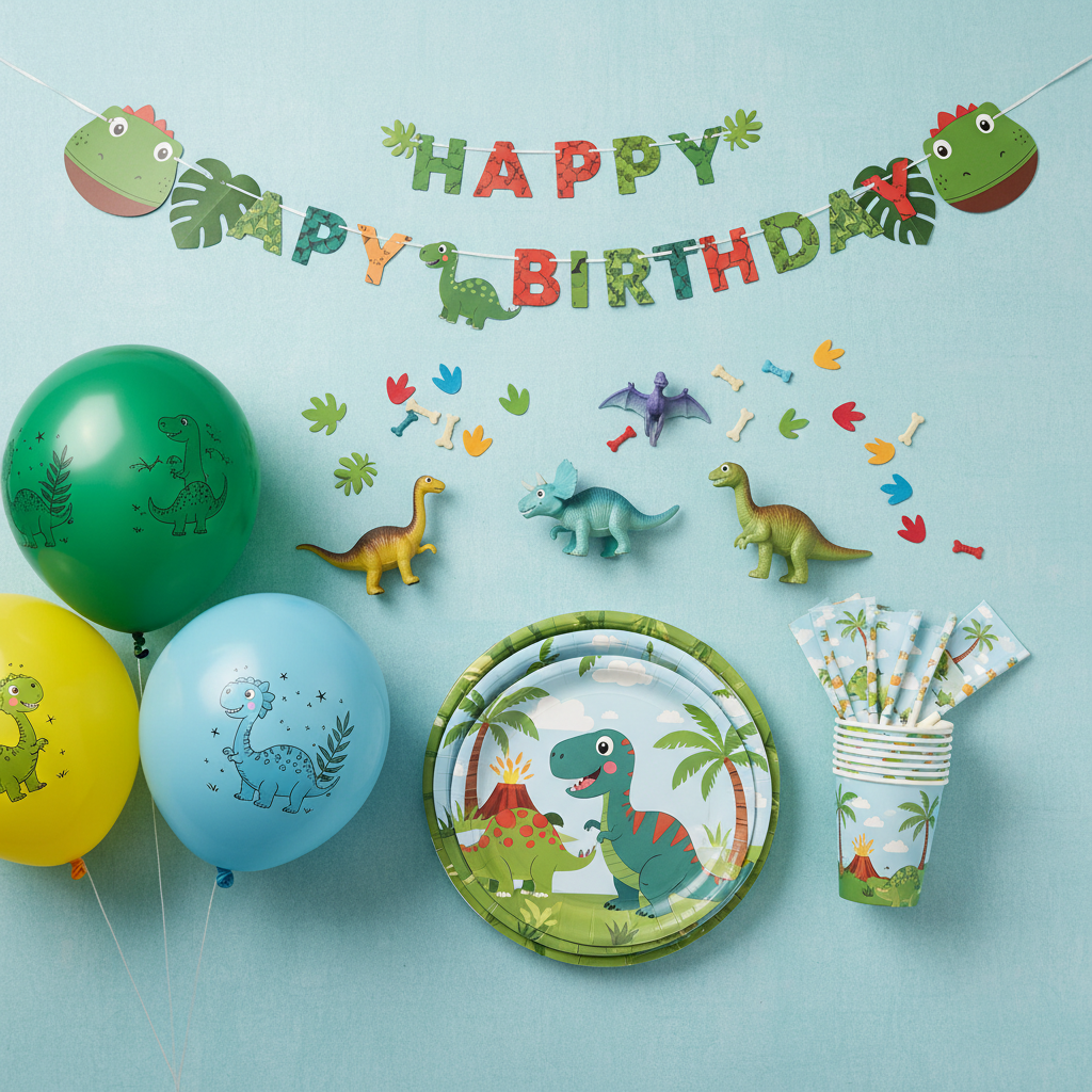 Dinosaur party with green jungle decorations and toy dinosaurs on a bright kids table