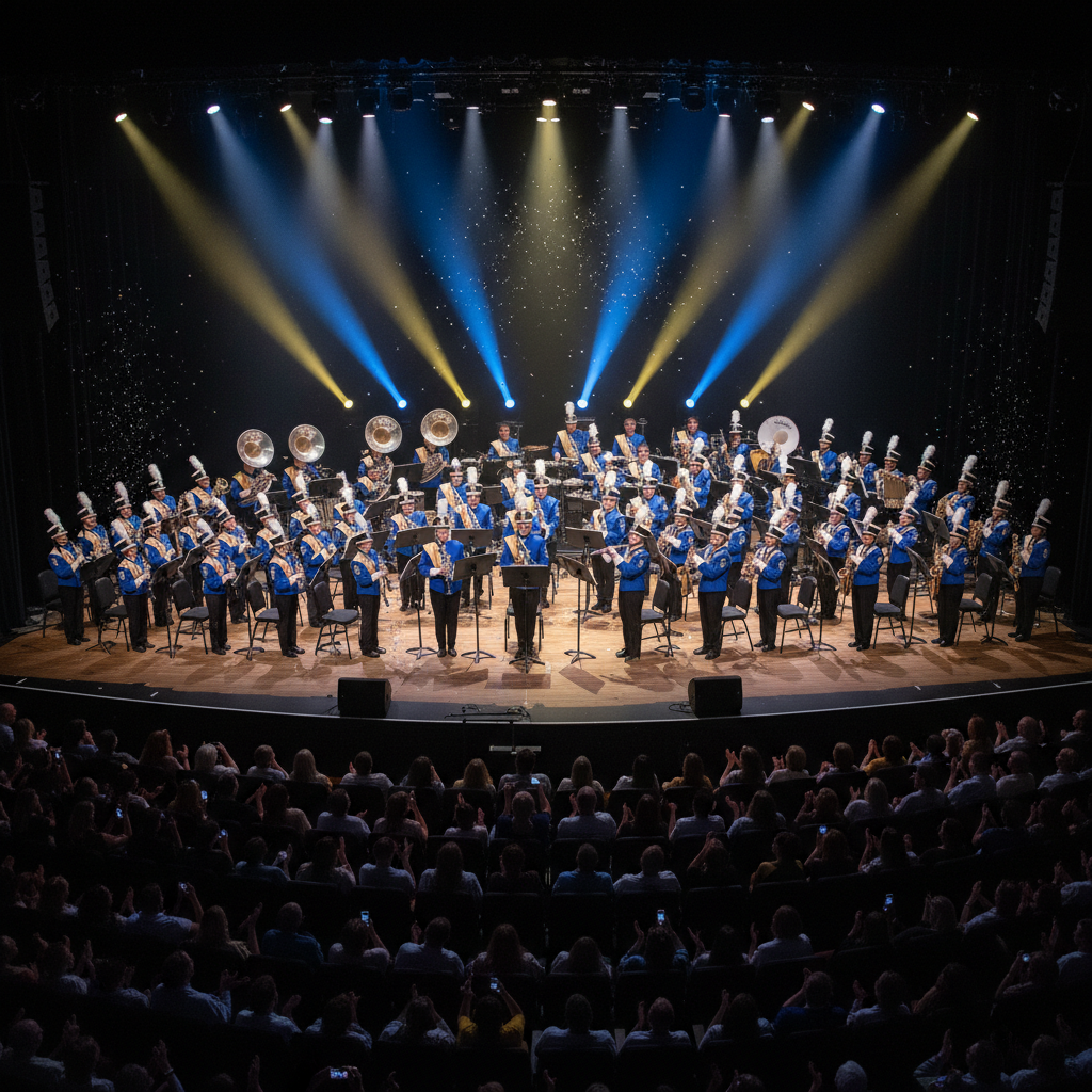 High school band students performing on stage at a spring concert with audience watching