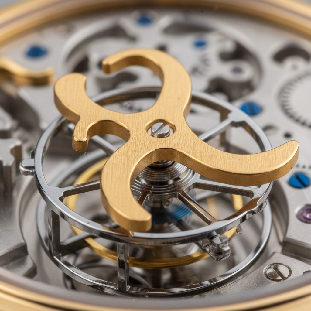 Tourbillon watch mechanism gold bridge visible through exhibition caseback, atmospheric lighting