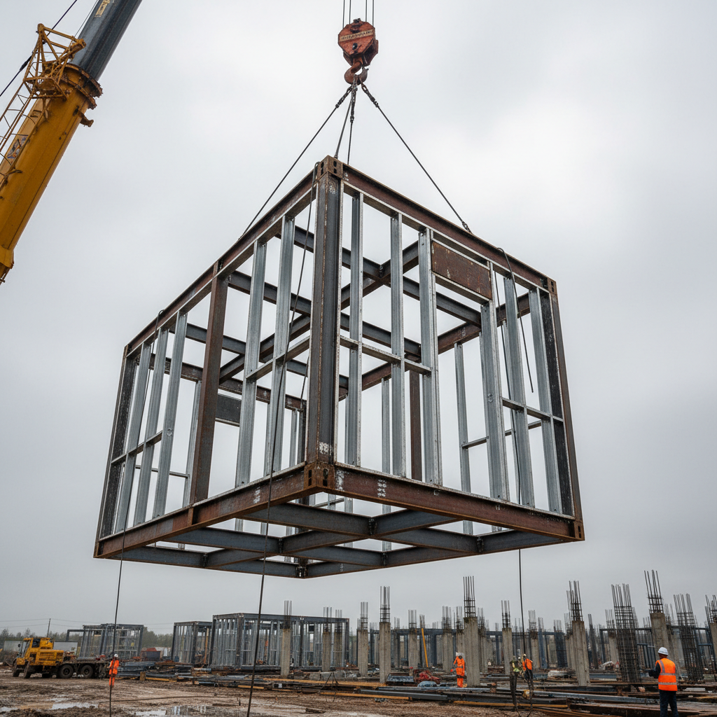 Steel-framed prefab module suspended from crane cable against overcast sky, weld seams catching diffused light