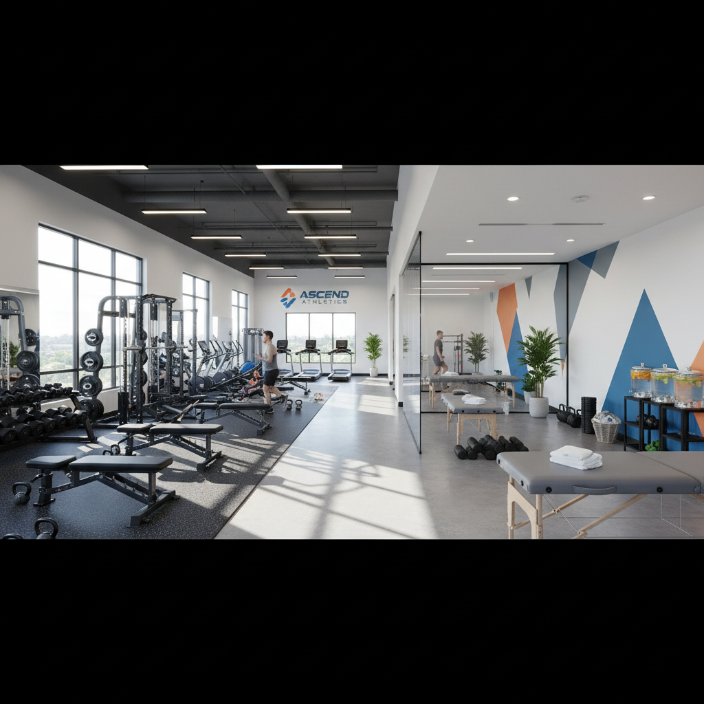 High-performance athletic training facility with weight room and recovery center
