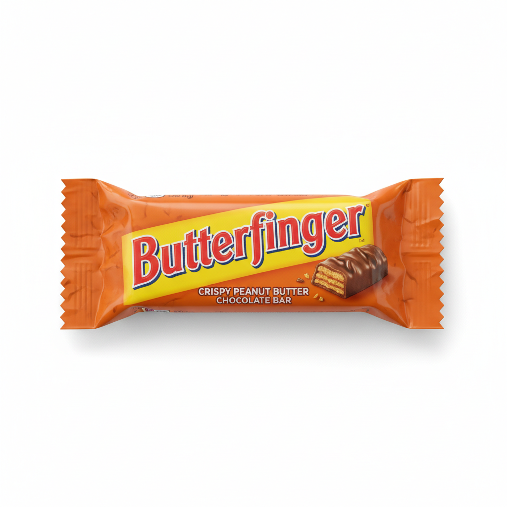 Butterfinger crispy peanut butter chocolate bar in orange wrapper