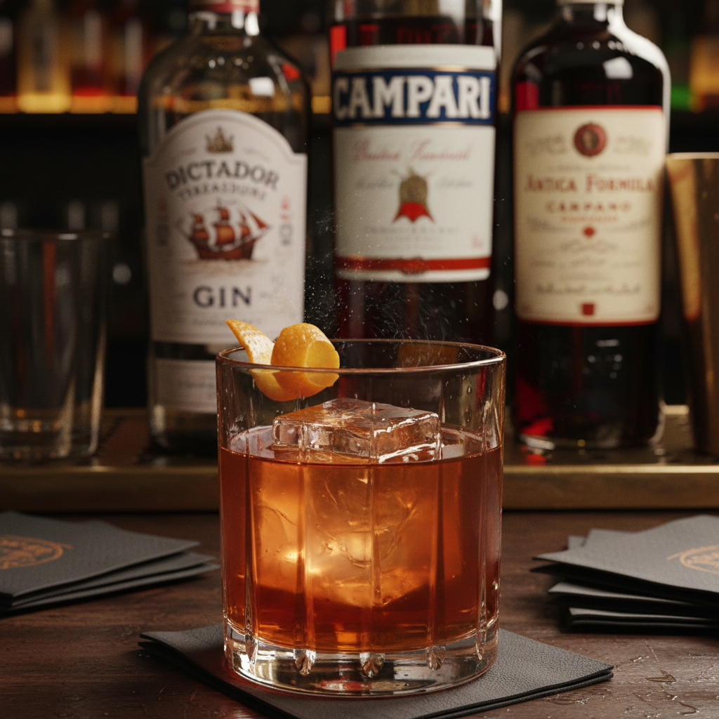 Negroni cocktail in a rocks glass with orange peel garnish and large ice cube