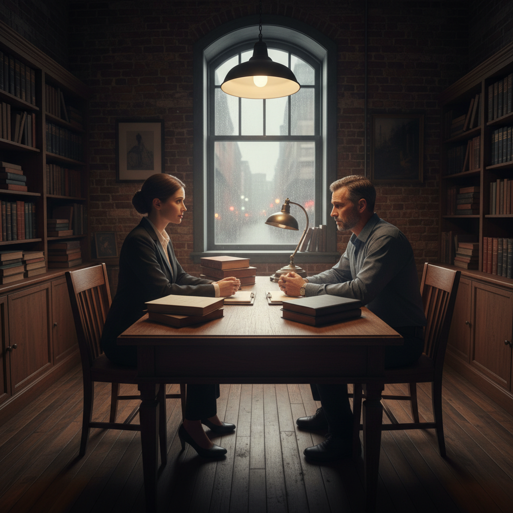 Legal aid consultation in dim office setting, atmospheric shadows