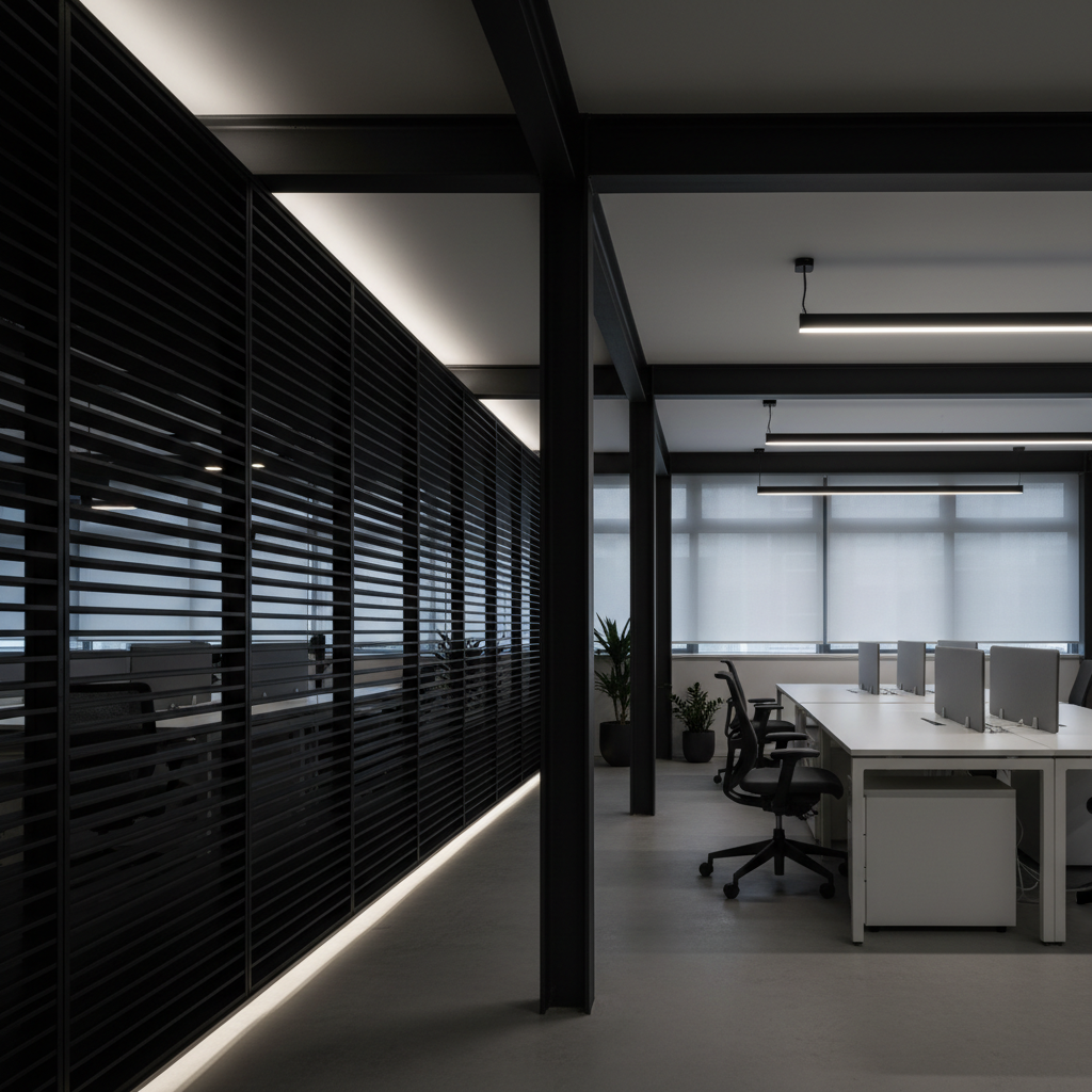 Modern corporate office interior with city view through floor-to-ceiling windows, dim atmospheric lighting, dark steel and glass architecture
