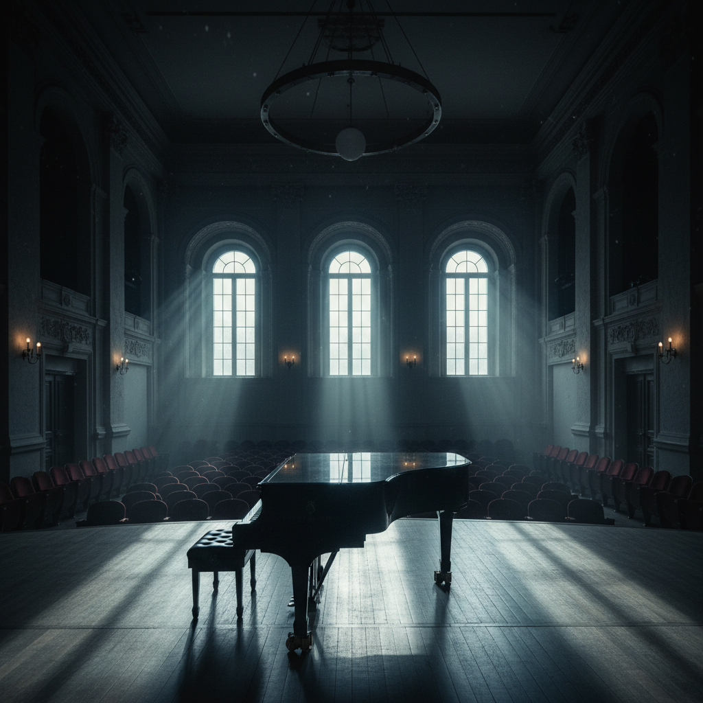Grand piano in a dimly lit concert hall with single spotlight, dust motes, classical atmosphere