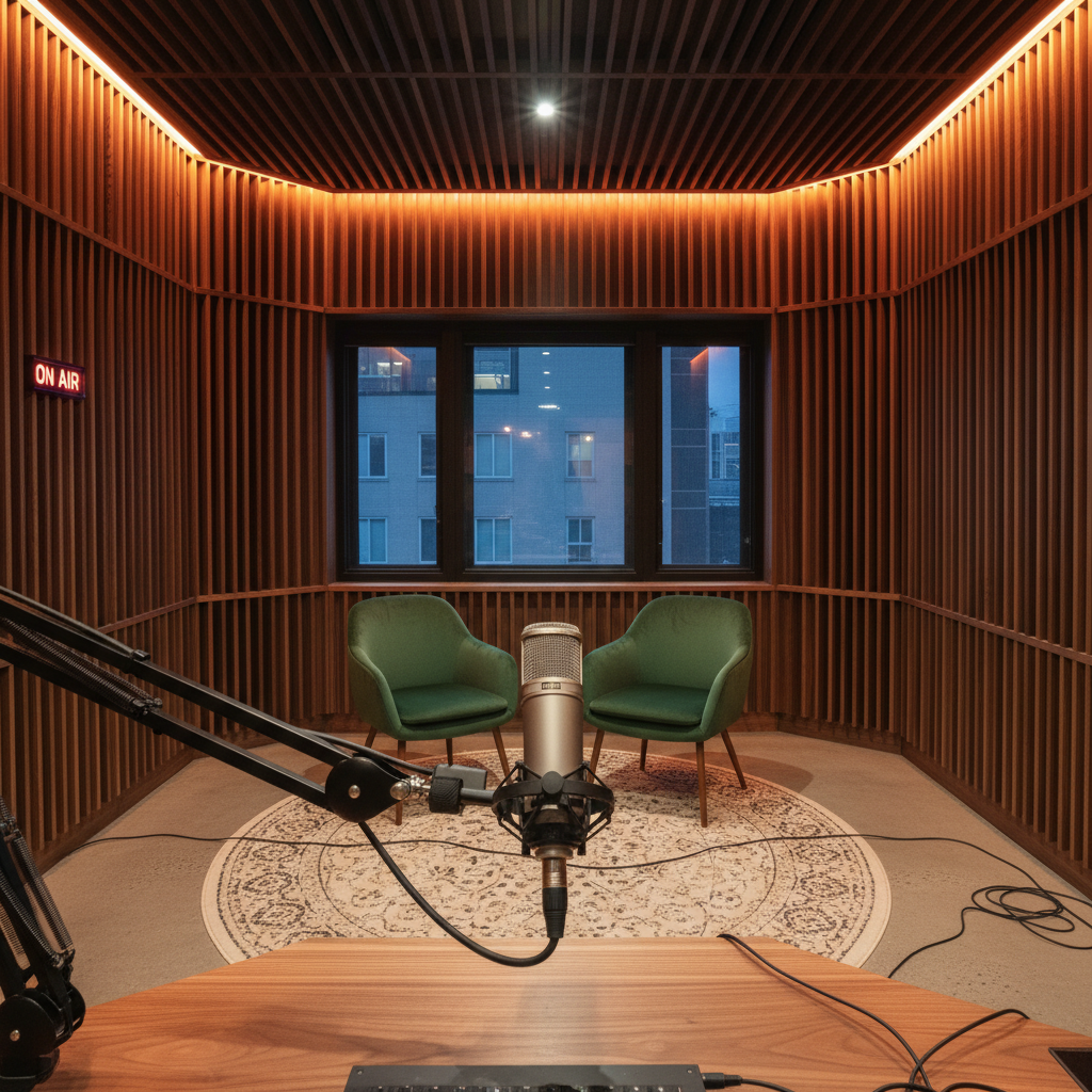 Professional podcast live room with walnut acoustic panels, Neumann U87 microphone on articulated arm, and warm amber studio lighting