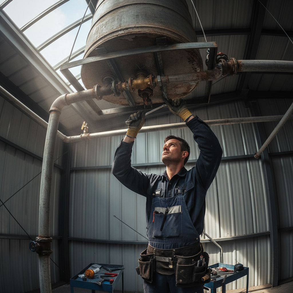 Plumber working on an overhead water tank valve