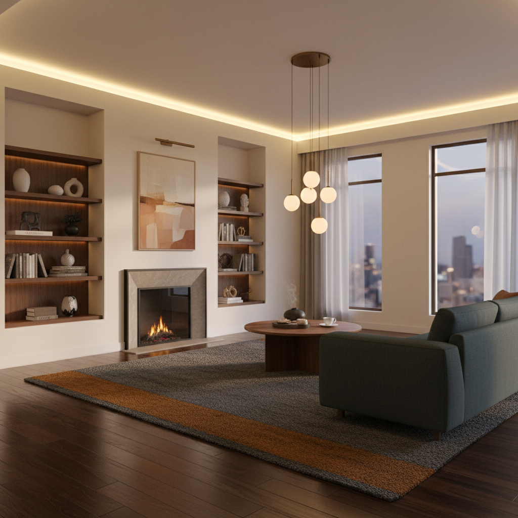 Warm, professionally renovated living space with rich wood floors, clean white walls, and soft natural light — calm, airy, bright interior