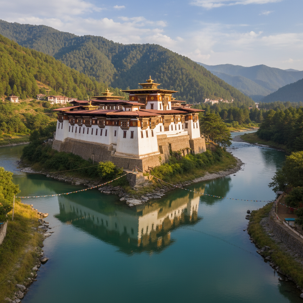 Punakha Dzong fortress at the confluence of two rivers in Bhutan