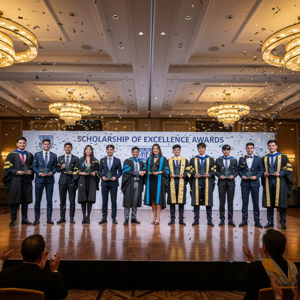 Students receiving awards at graduation ceremony on stage