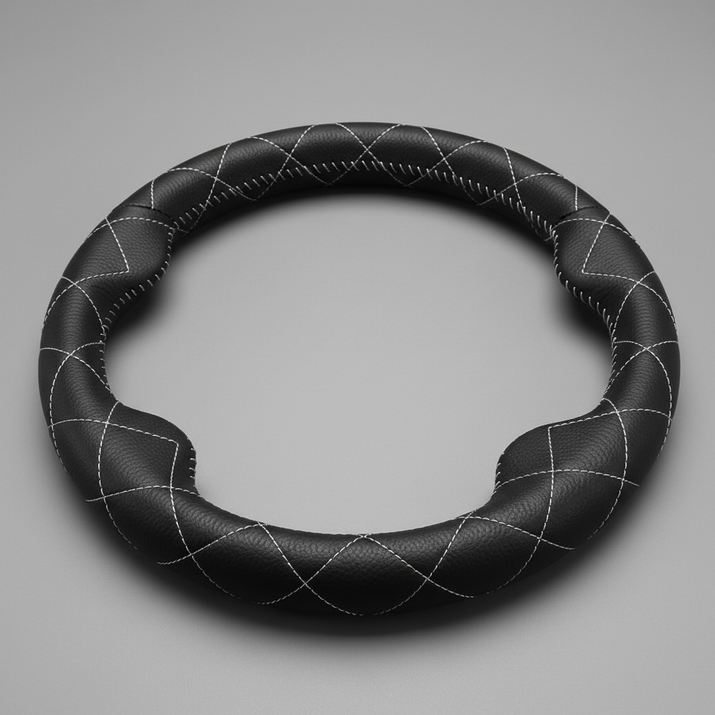 Black genuine leather car steering wheel cover with stitching