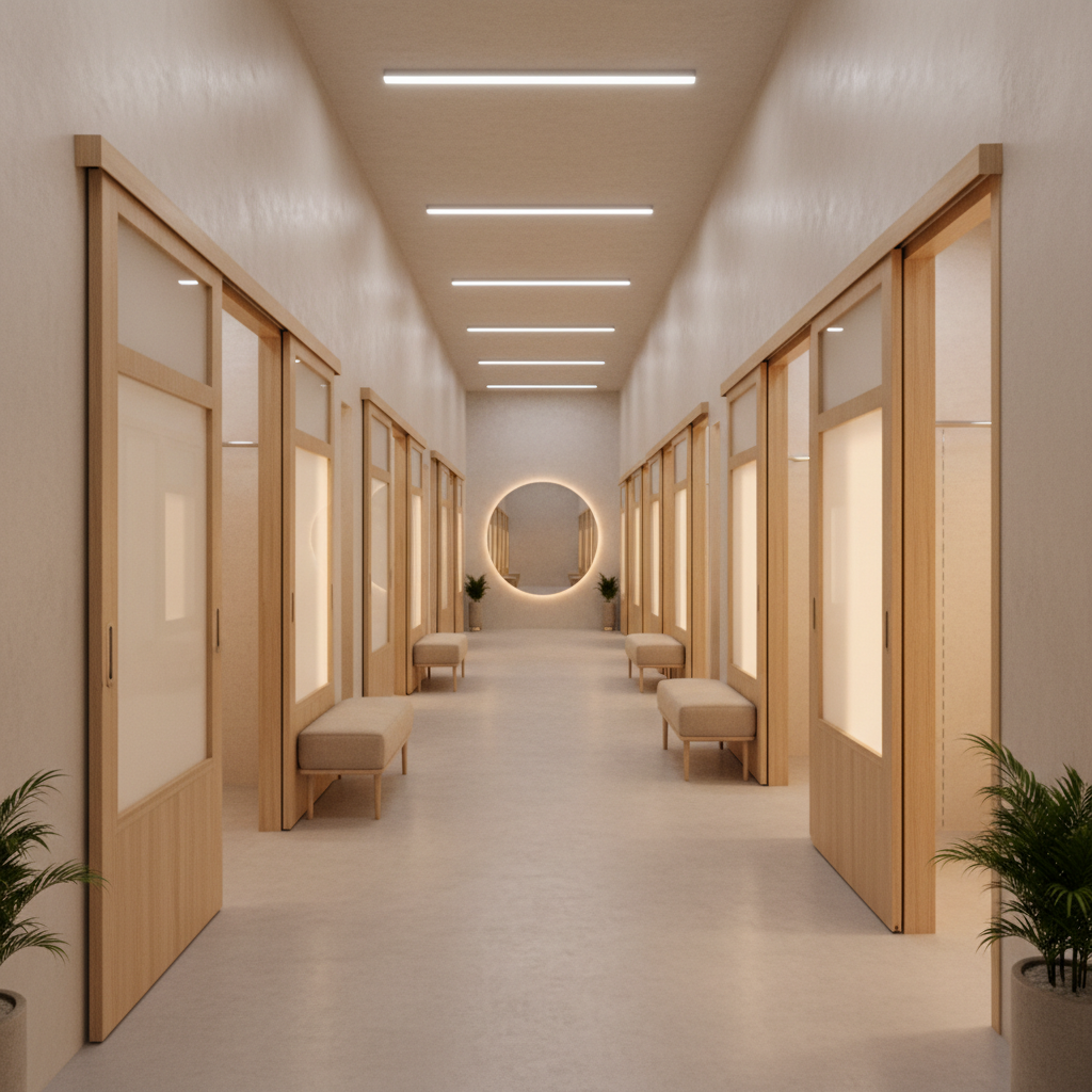 Empty clothing store fitting room corridor with warm afternoon light through frosted glass panels