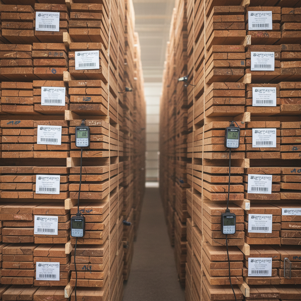 Stickered lumber stacks inside a dehumidification kiln, neat rows receding toward a soft-focus background, moisture meters clipped to boards