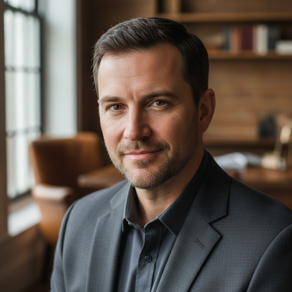 Male portrait with natural window lighting, confident expression, shallow depth of field