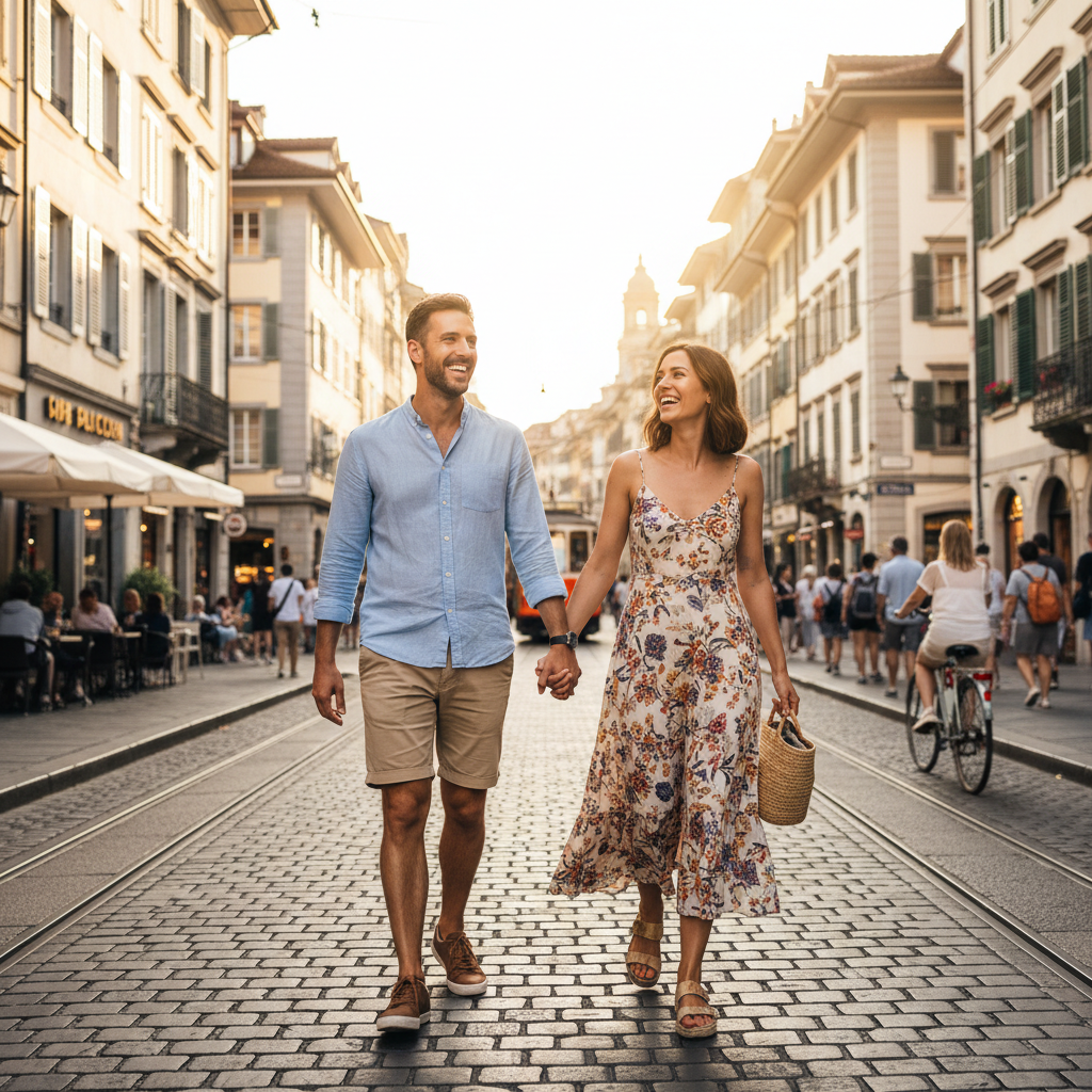 Sofia and Liam, a couple laughing together in a European city