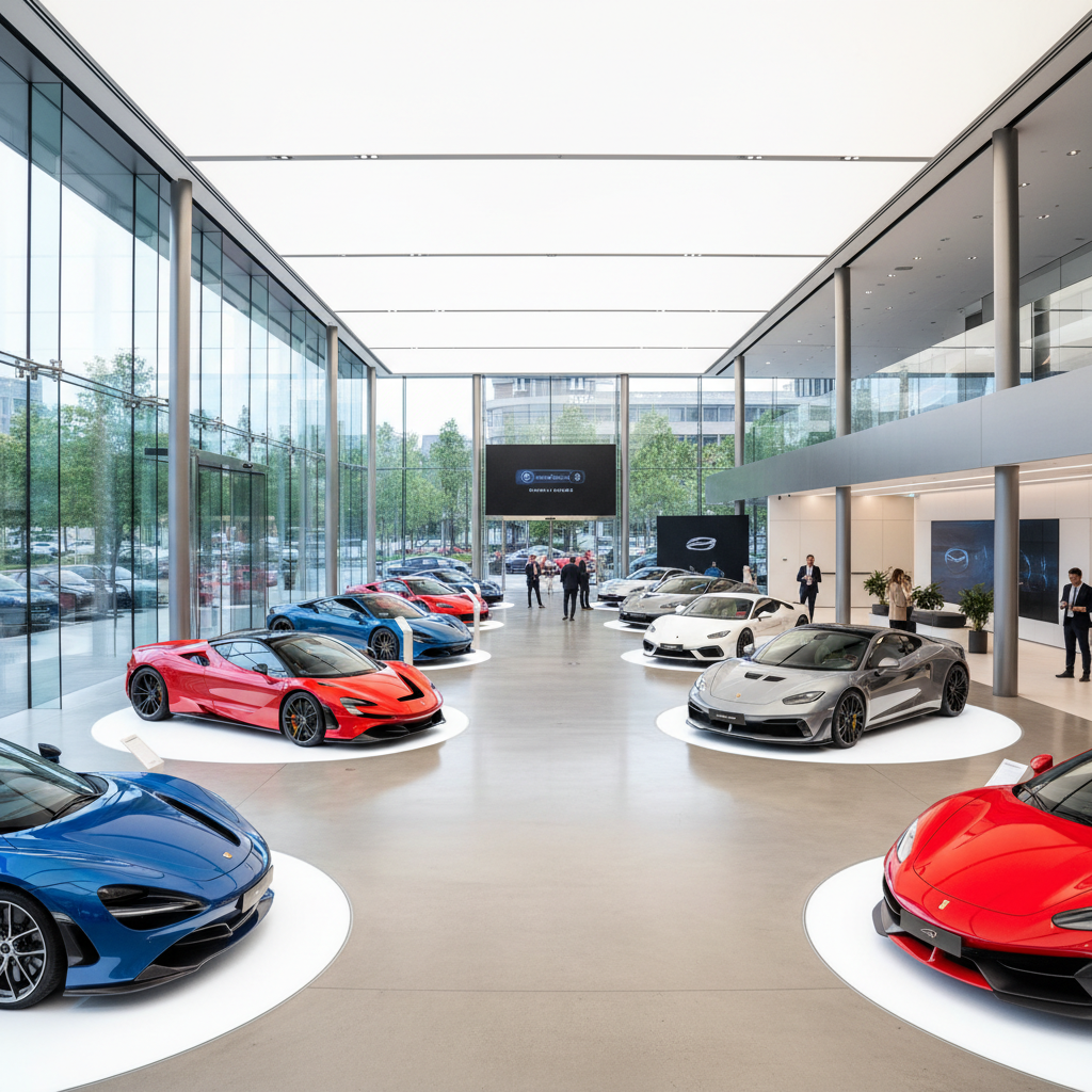 Modern automotive dealership showroom with luxury vehicles under bright commercial lighting