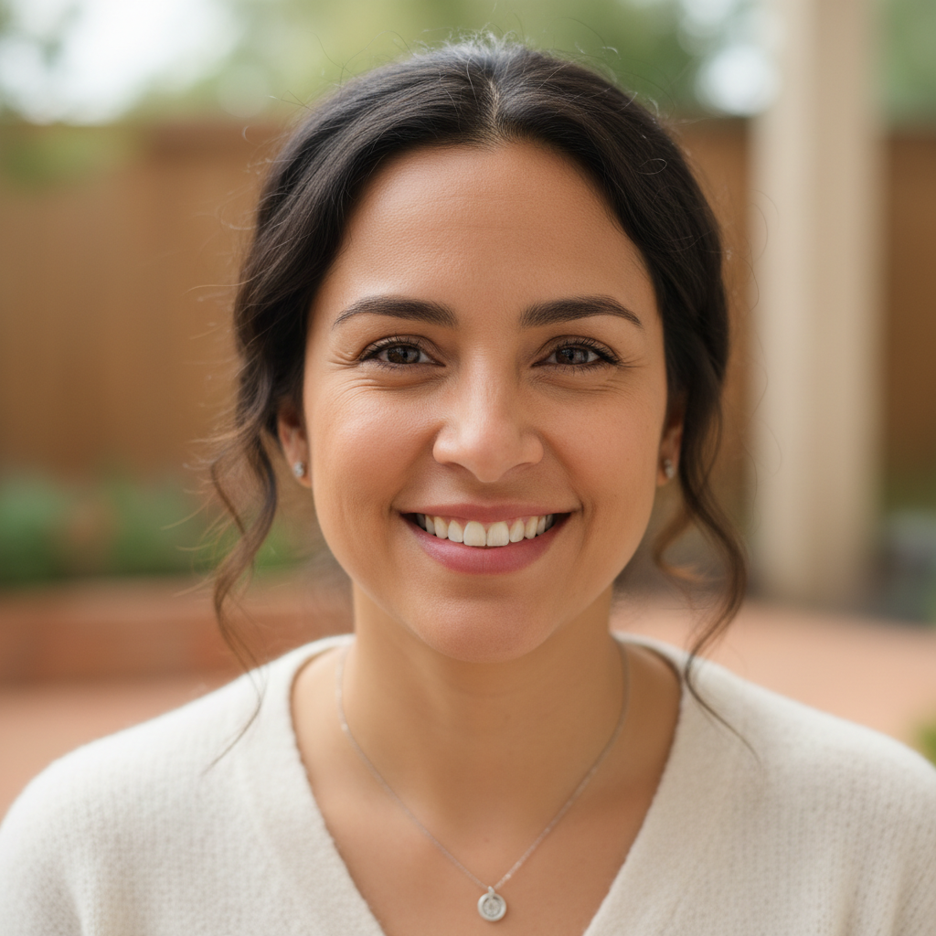 Latina woman in her 30s, professional attire, warm smile, light background