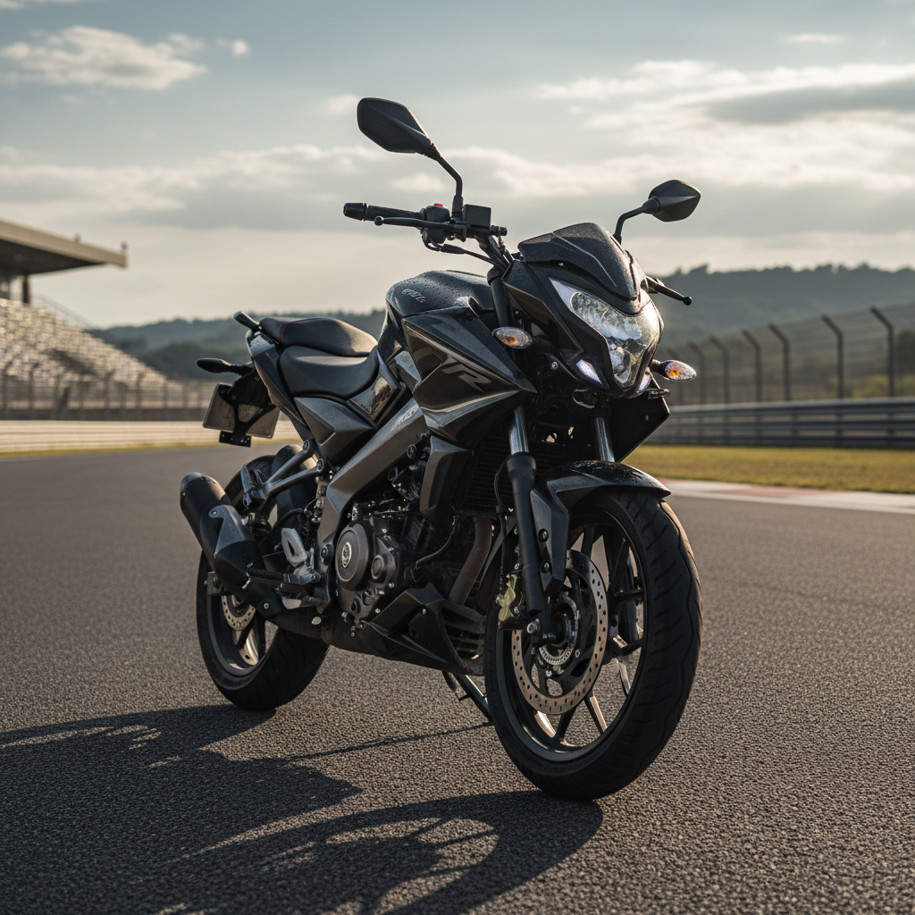 Bajaj Pulsar NS200 azul en carretera con efecto de velocidad nocturno