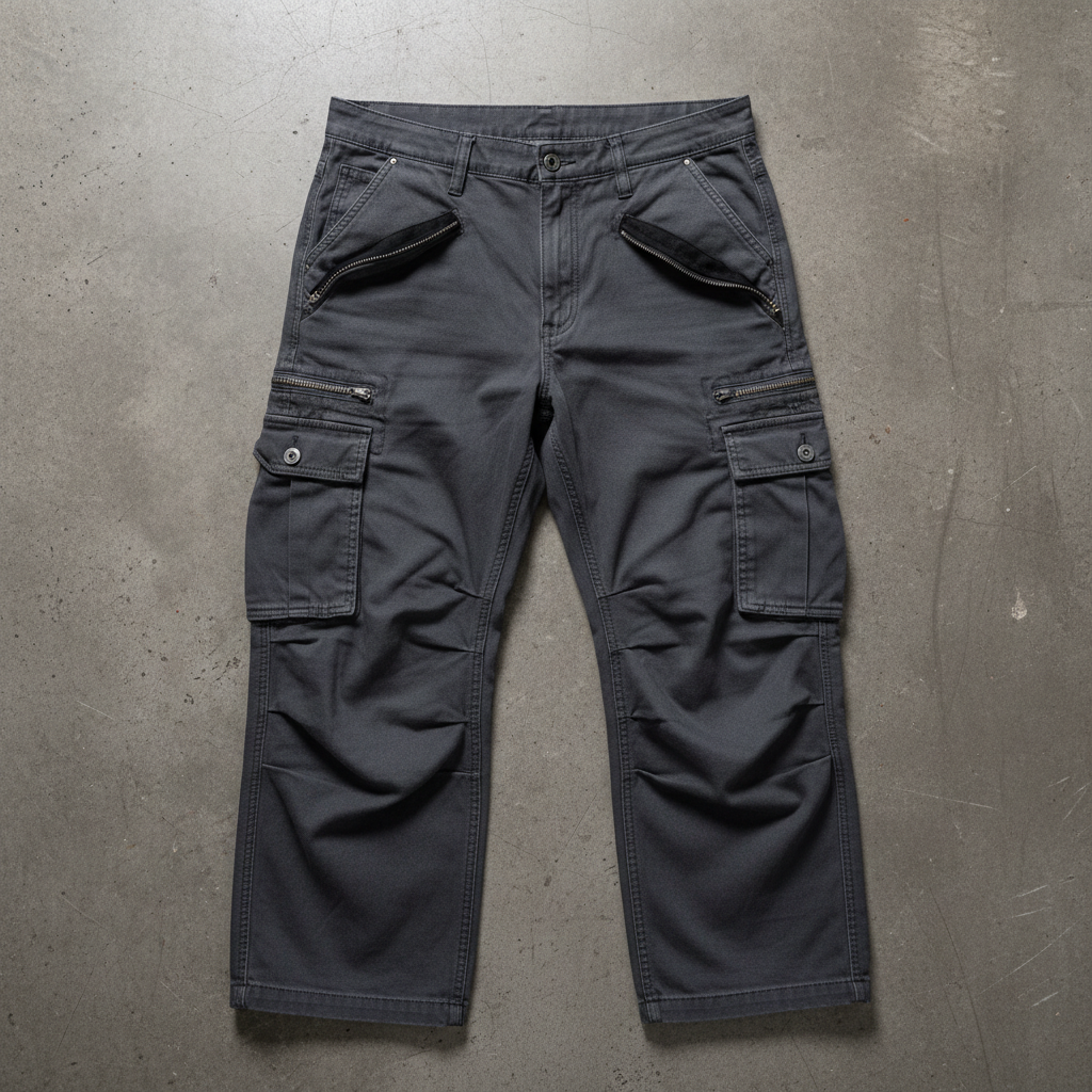 Black technical cargo pants with utility pockets, dark concrete background, editorial styling